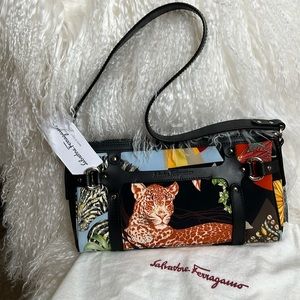 Salvador Ferragamo, animal print with leopard, nylon and leather bag, NWT unused